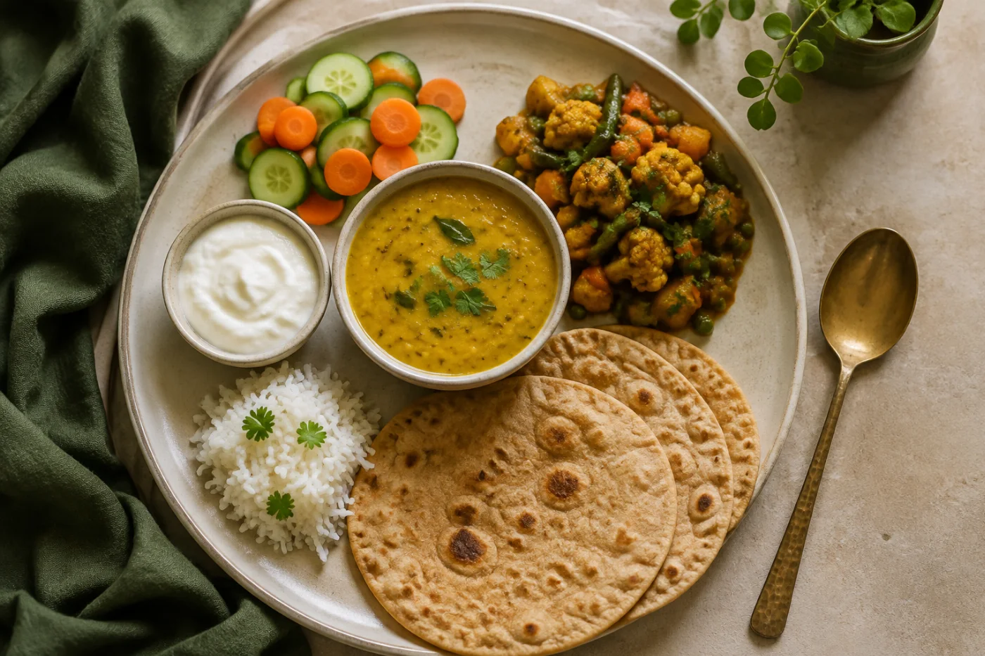 Balanced Indian thali with roti, dal, rice, vegetables and curd