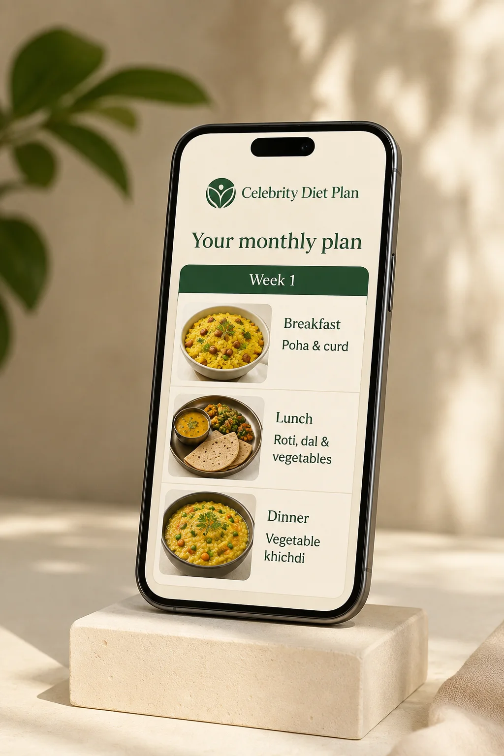 Sample Celebrity Diet Plan report shown on a smartphone