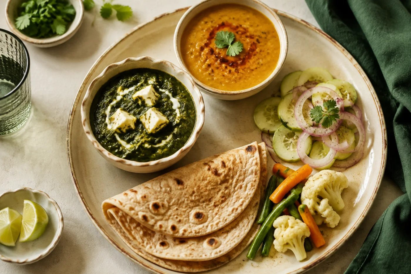 Indian vegetarian meal with dal and roti
