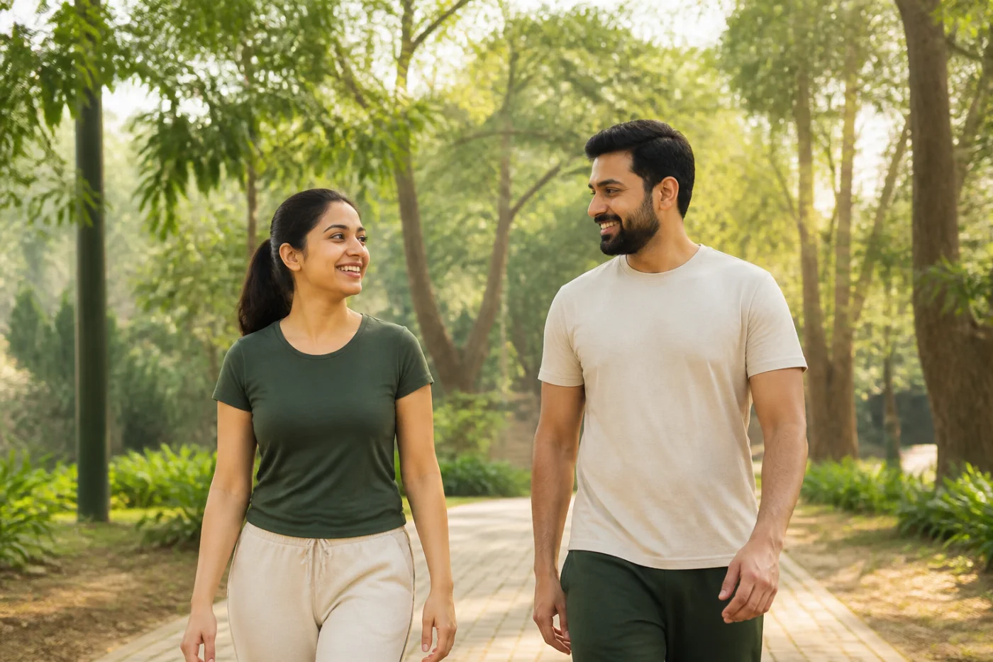 Indian adults enjoying a relaxed outdoor walk